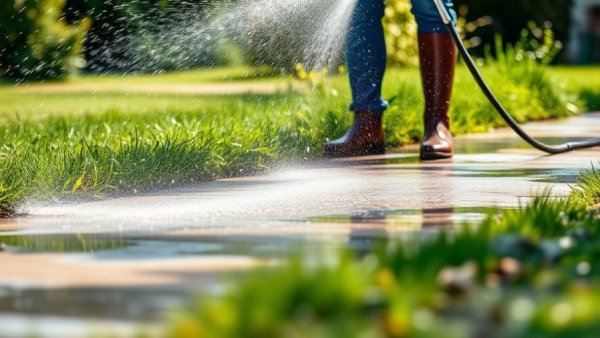 Pressure washing ASMR, cleaning concrete path with water spray.