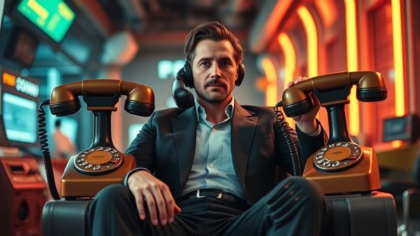 Futuristic man with oversized phones, technology theme.