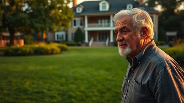 Middle-aged man discussing lawn care in a serene backyard setting.
