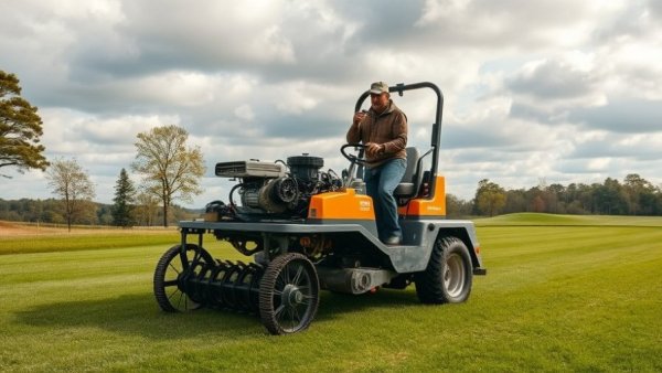 Core aeration machine in action on a golf course for summer lawn care.