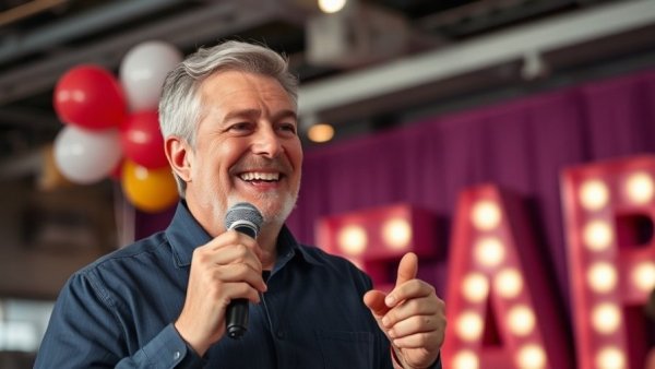 Casual man speaking at event with balloons in background.
