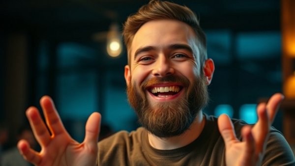Cheerful bearded man discussing tech innovation