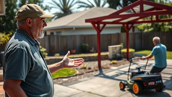 Viral Lawncare Content: Man explains driveway near a yard mower.