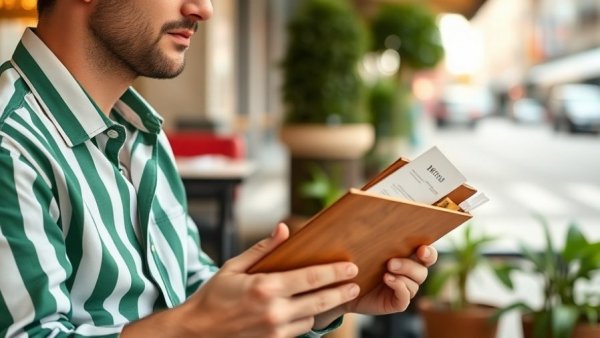 Restaurant Value Architecture: person in striped shirt holding menu outdoors.
