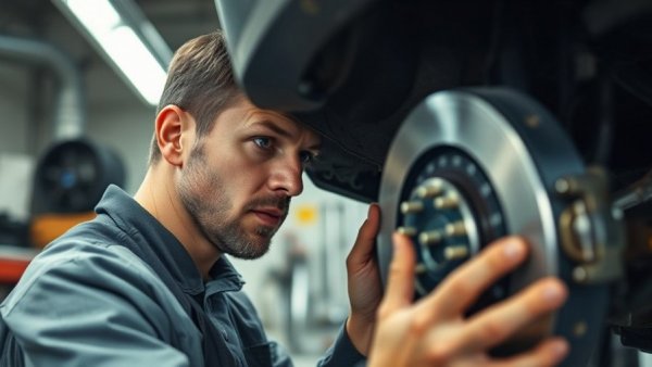 Auto technician inspecting car brakes in a garage, hands-on training.