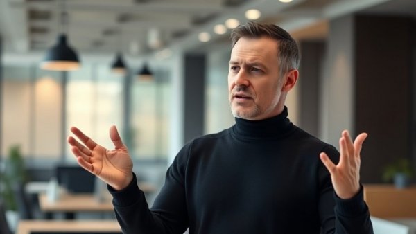 Confident man discusses finding the right business partner in an office.