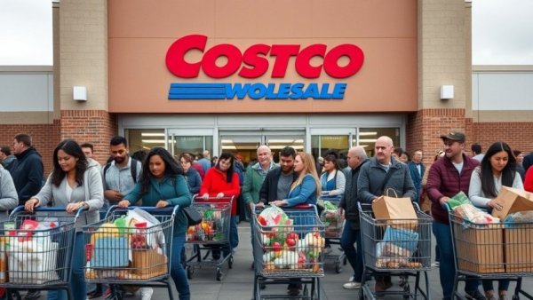 Shoppers exiting new Costco in Downey under cloudy skies.
