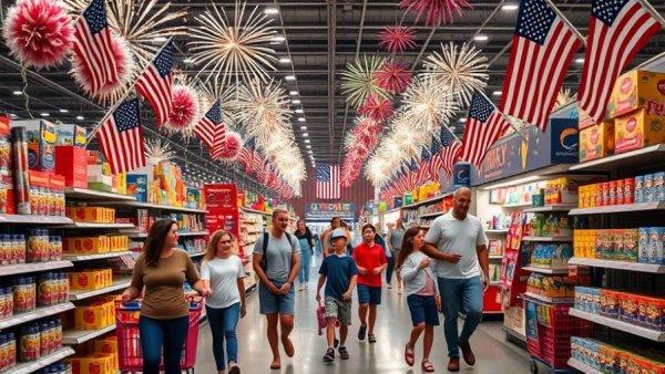 Customers shopping in a festive fireworks store, celebrating America's 250th birthday.