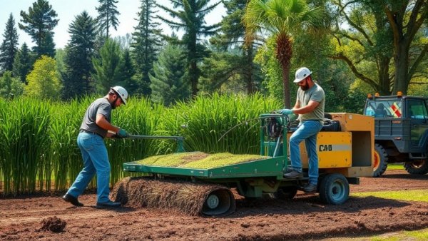 Massive sod install with workers using machinery on a lawn.