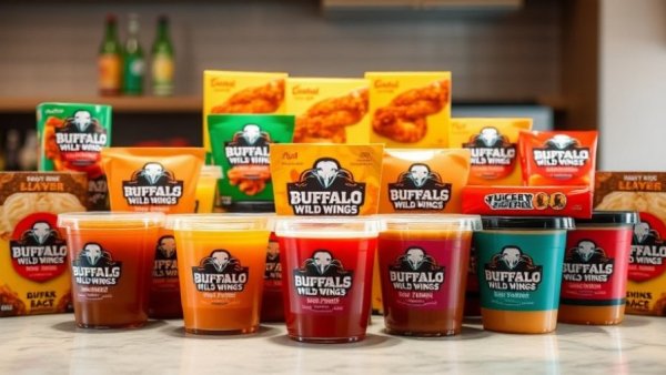 Buffalo Wild Wings Dipping Sauces in a branded box, various flavors shown.