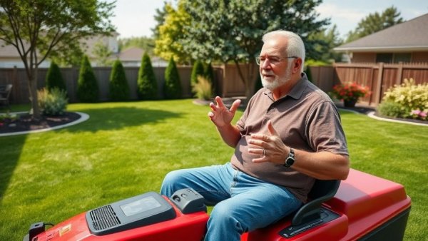 Man creating engaging lawn care video on mower in backyard.