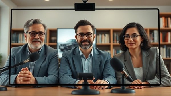 Professionals discuss viral marketing in the automotive industry on a video call.
