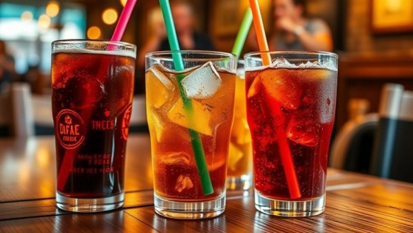 Close-up of fountain sodas in glasses with colorful straws on a wooden table.