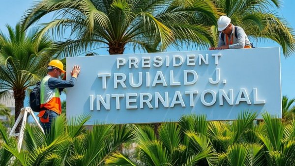 DJT Transition at Palm Beach Airport sign being installed with workers.