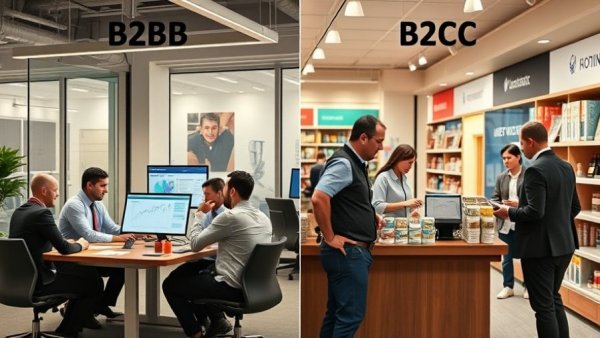 B2B vs B2C sales comparison in office and shop environments.