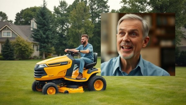 Animated man discusses lawn care business challenges with overlay image of lawn mowing.