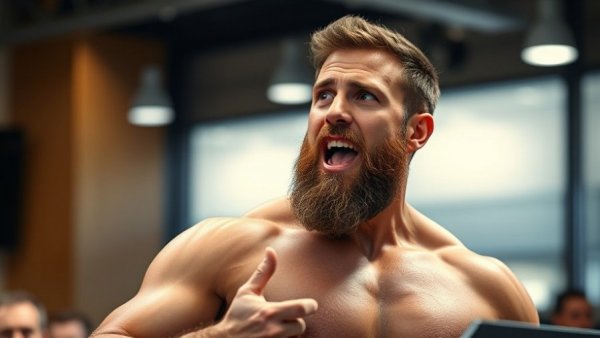 The Ultimate Motivation: Muscular man speaking passionately indoors.