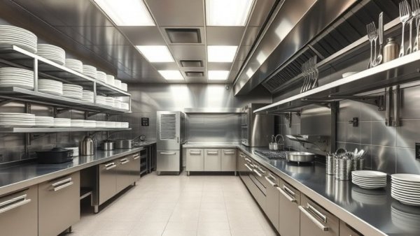 Modern trends in restaurant kitchens with stainless steel and organized layout