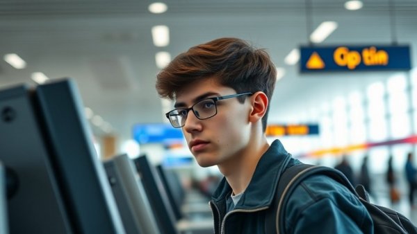 Airline fares will stay elevated: Young traveler using airport kiosk.