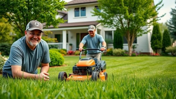 Route Density in Lawn Care Business strategy image, featuring workers and garden.