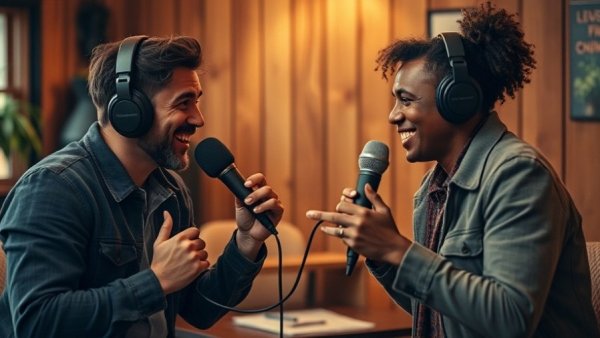 Podcast duo discussing organic social media strategies.