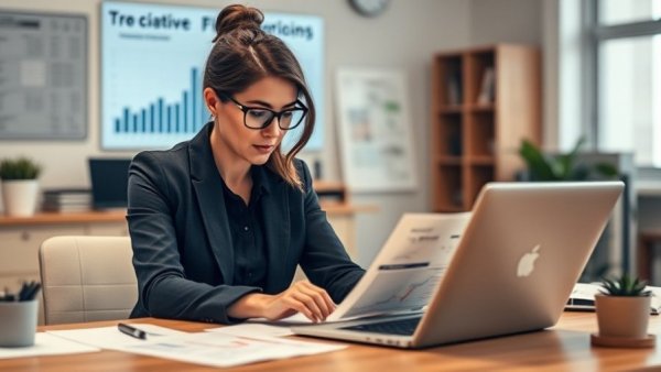 Businesswoman analyzing small business financial statements at desk