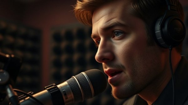Focused man speaking into microphone in podcast studio, discussing 'You Don't Need Passion, You Need Pain'.