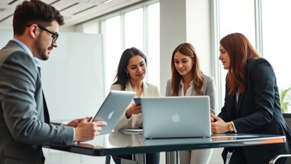 Business team discussion on B2B sales job description in modern office.