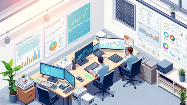 Office scene with team analyzing financial charts, emphasizing chart of accounts order.