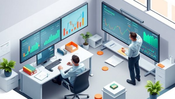 Isometric office with professionals reviewing chart of accounts order.