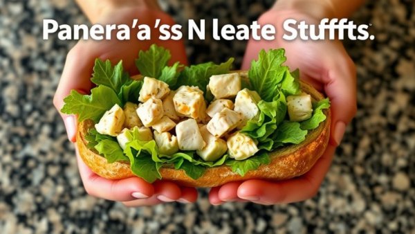 Panera salad stuffers in a baguette, close-up view.