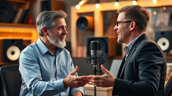 Father and son discussing business transformation in a podcast setting.