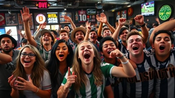 Fans celebrating World Cup in bar, highlighting consumer spending growth