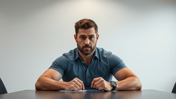 Muscular man in meeting room contemplating options related to empty schedule financial success.