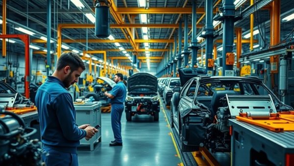 Busy automotive factory floor illustrating job growth under GOP tax law.