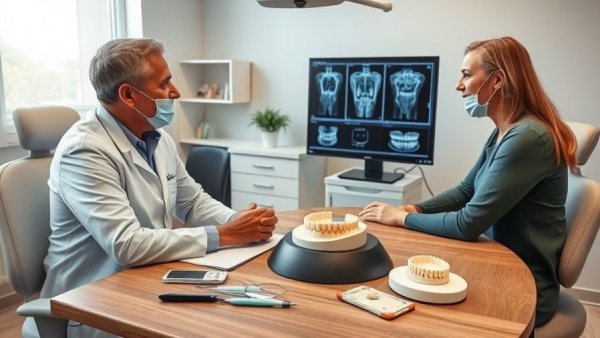 Dental consultation with model and x-ray, dental practice marketing.