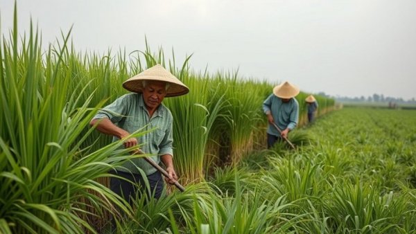 Sod farming process with workers manually harvesting grass.