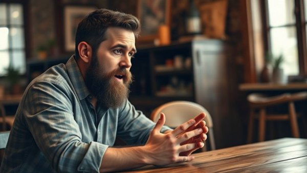 Bearded man discussing innovation in a casual setting.