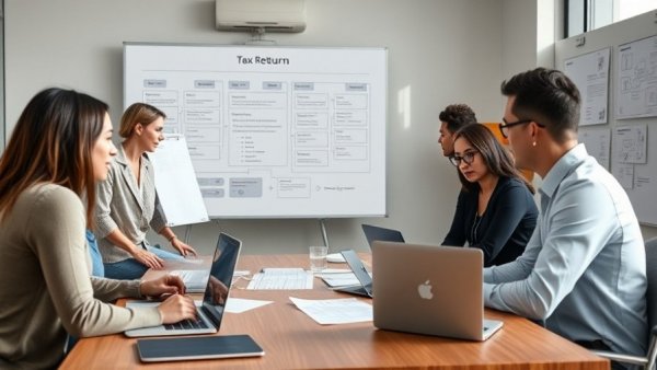 Business team discussing LLC tax return due date extension in office