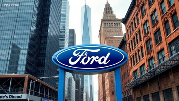 Ford sign against a cityscape, highlighting potential Ford-Apple Maps collaboration.