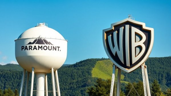 Paramount Warner Bros Discovery merger illustrated by iconic water towers.