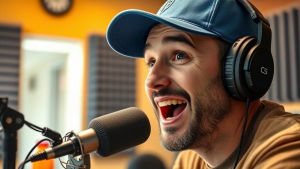 Intrigued man podcasting with expression discussing discipline vs talent.