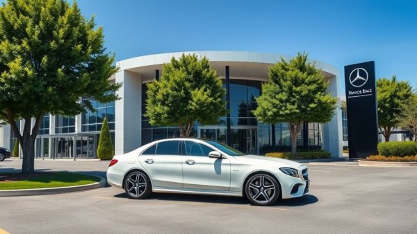 Mercedes-Benz dealership with sleek white car on a sunny day.