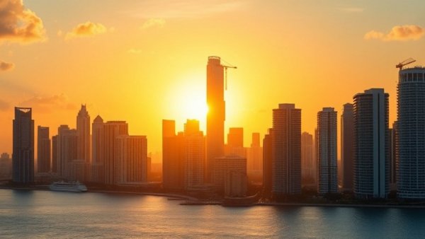 Miami's tallest new tower rising in sunset skyline.