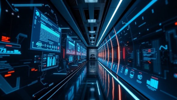 Futuristic digital network hallway with data streams and holographics.