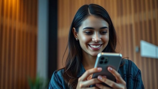 Instagram Strategy for Real Estate Agents: Smiling woman boosts deals with smartphone
