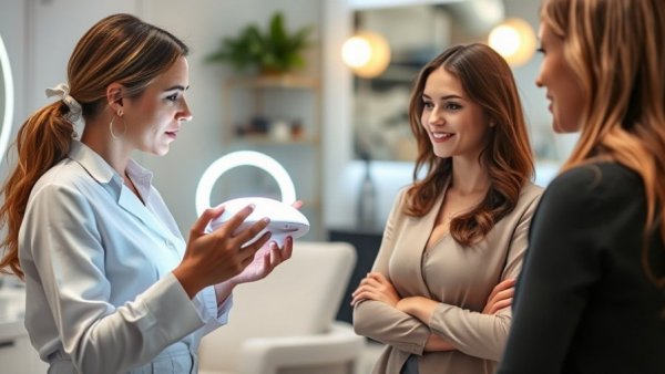 Salon professionals discussing the Benefits of Light Therapy for Salon Owners.