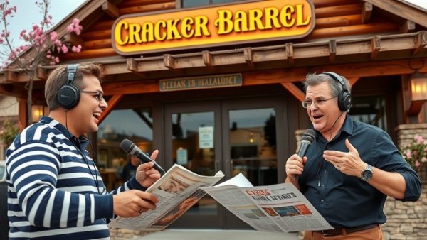 Podcast hosts discuss Cracker Barrel CEO Change in front of restaurant.