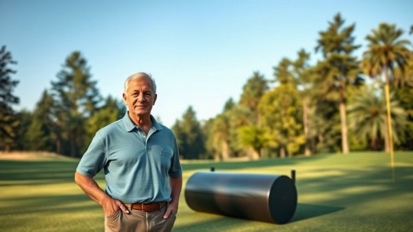 Man with putting green roller on golf course, sunny day.