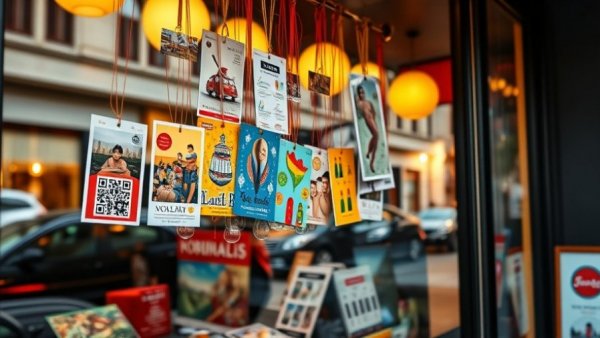 Café window with QR code and postcards showcasing personalization.